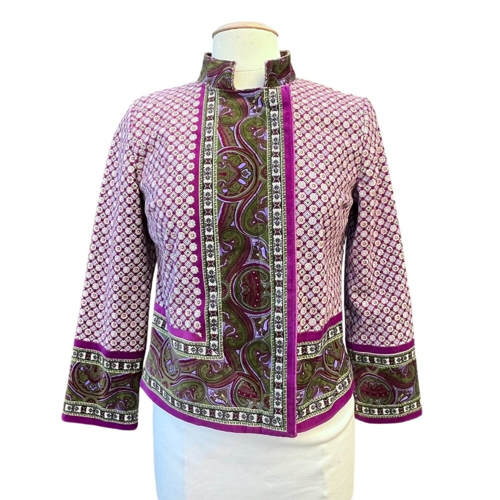 Isaac Mizrahi Velvet Bohemian Paisley Purple Green‎ Jacket Womens Small Hipster